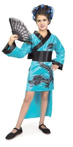 Teal Dragon Girl Kimono Costume For Kids